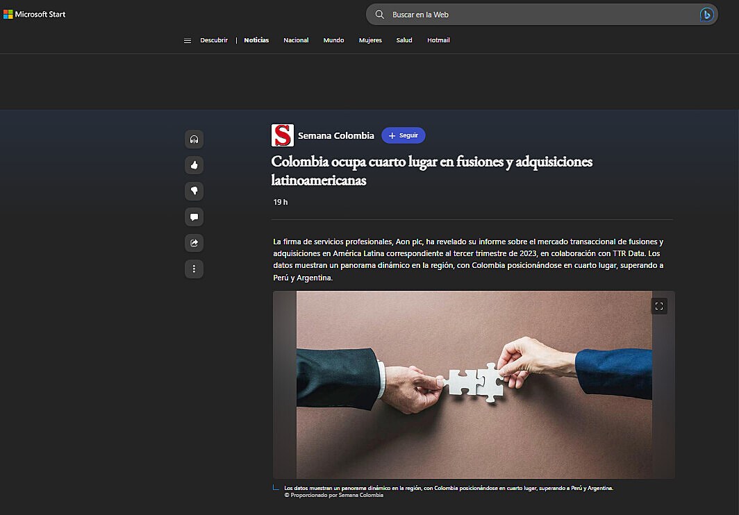 Colombia ocupa cuarto lugar en fusiones y adquisiciones latinoamericanas